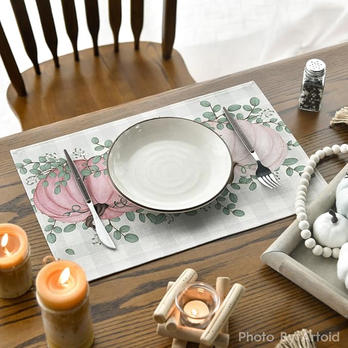 Artoid Mode Buffalo Plaid Pink Pumpkins Eucalyptus Fall Placemats Set of 4, 12x18 Inch Autumn Thanksgiving Table Mats for Party Kitchen Dining Decoration