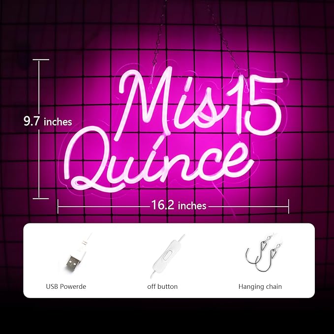 JFLLamp Mis 15 Quinceanera Neon Signs for Wall Decor Neon Lights for Bedroom Led Signs Suitable for Quinceanera Christmas Birthday Party Unique Gift for Lover, 5V Power Adapter, 16.2 * 9.7 Inch(Pink)
