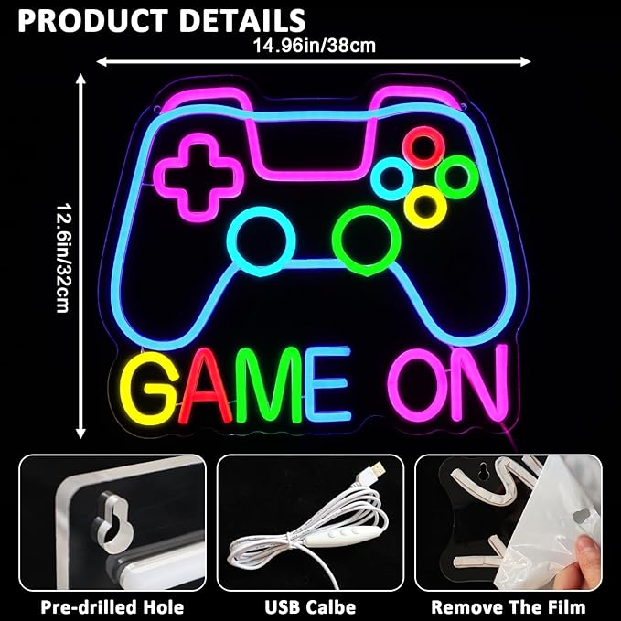 Game On Neon Sign for Wall Decor, Gaming Led Signs for Room, USB Dimmable Neon Lights for Bedroom Video Games Party Gaming Zone Pub Birthday Boys Teen Room Man Cave Home Decoration