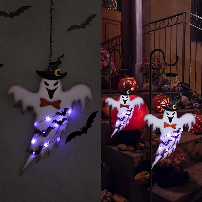 ILLUMINEW Solar Halloween Metal Hanging Decorations Outdoor, Solar Powered Lighted Metal Ghost for Halloween Outdoor Tree, Wall, Porch, Patio Decor (Ghost)