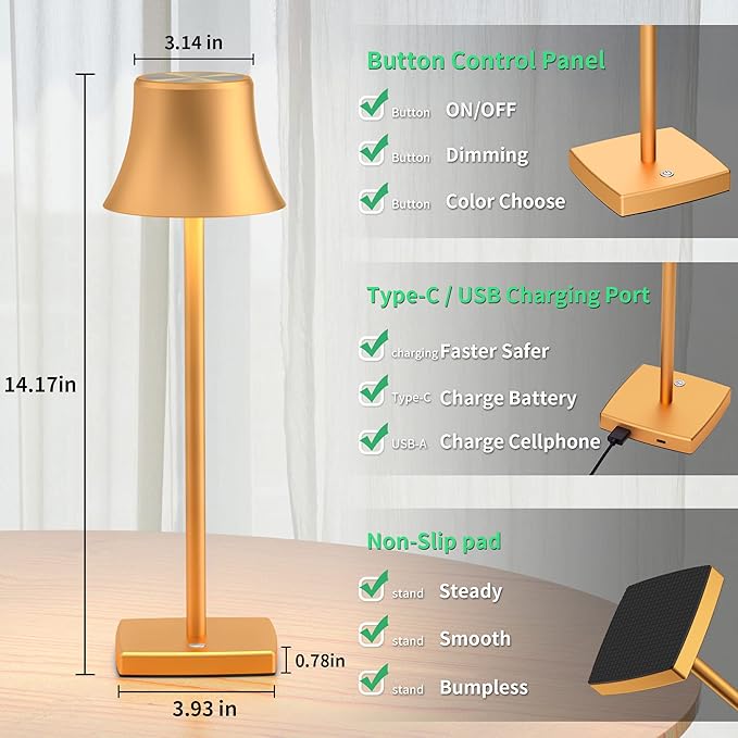 2 Pack LED Cordless Table Lamps Rechargeable,5000mAh Battery Operated Table Light,3 Color Stepless Dimming,Portable Small Desk Lamp in Aluminum for Party Patio Restaurant Indoor/Outdoor(Gold)