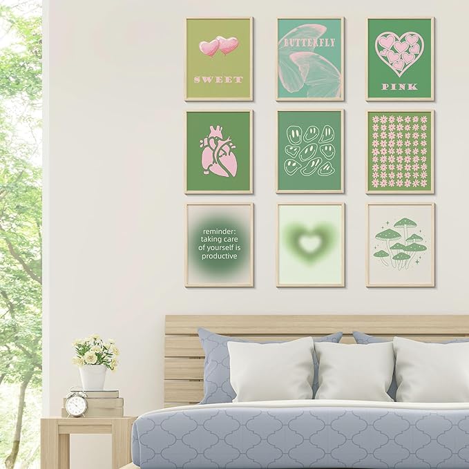 InSimSea Sweet Heart Preppy Wall Decor Aesthetic Wall Pictures for Living Room Pink Green Boho Wall Art Prints Set Danish Pastel Flower Butterfly Wall Posters Collage Abstract Home Decor Bedroom