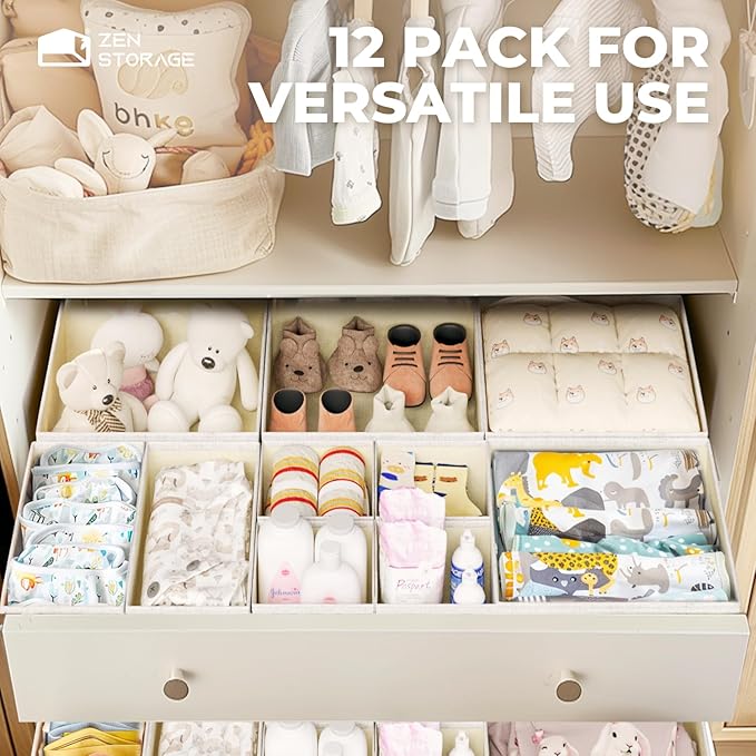 Linen Drawer Organizers for Nursery, Dresser & Closet (12-Pack) – Sturdy, Collapsible Nursery & Dresser Dividers for Baby Clothes, Socks, Underwear & Essentials – Multi-Size Set, Beige