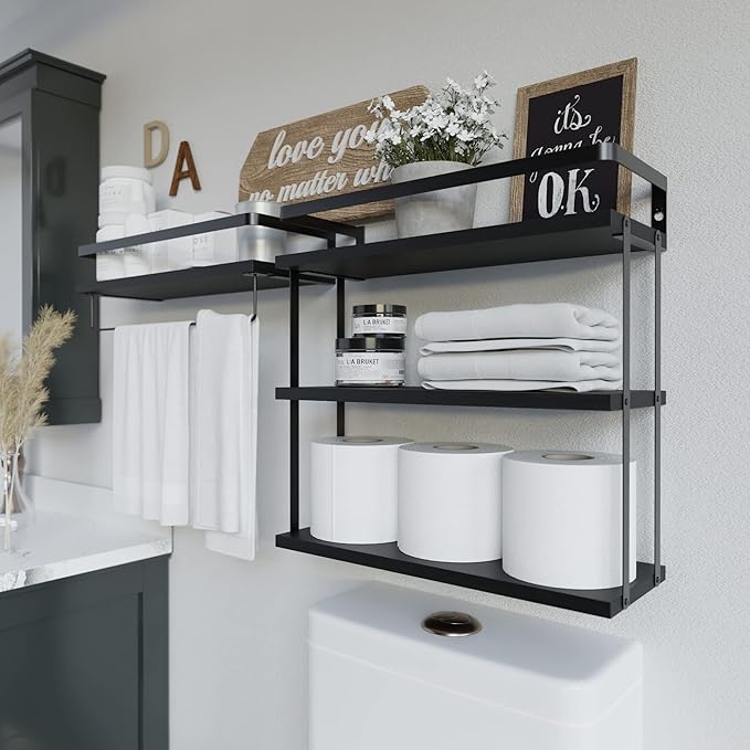 RICHER HOUSE 3+1 Tier Wall Mounted Floating Shelves Set of 2, Rustic Wood Wall Shelf with Metal Frame, Extra Storage Rack for Bathroom, Kitchen, Bedroom with Tissue Rack & Towel Bar - Black