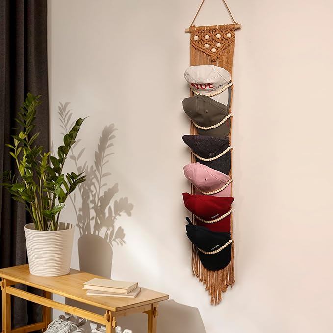 Ball Cap Hanger-1 Pack-Boho Macrame Cap Holder Wall Hat Organizer for Baseball Cap Holder Over Door, Hat Rack for Wall, Cap Rack for Decoration and Display(Brown)