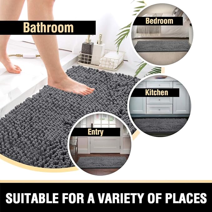 H.VERSAILTEX Bathroom Rugs Bath Mats for Bath Room Non Slip Luxury Chenille Bathroom Runner Rug 47x17 Extra Soft and Absorbent Shaggy Rugs Washable Dry Fast Area Carpet Mats for Bath Room, Tub - Grey
