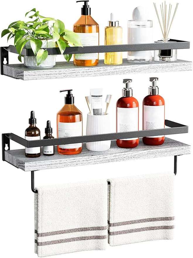 AMADA HOMEFURNISHING Wall Shelves, Floating Shelves for Bathroom, Kitchen, Bedroom, Bathroom Shelf with Towel Bar, Set of 2, White - AMFS01W