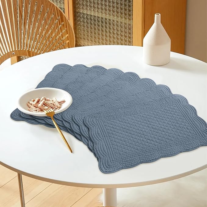 HOMBYS Quilted Placemats Set of 6 Washable-13x18 inches Rectangular Placemats for Kitchen Table-100% Cotton Fabric Rectangular Table Mats, (Blue)