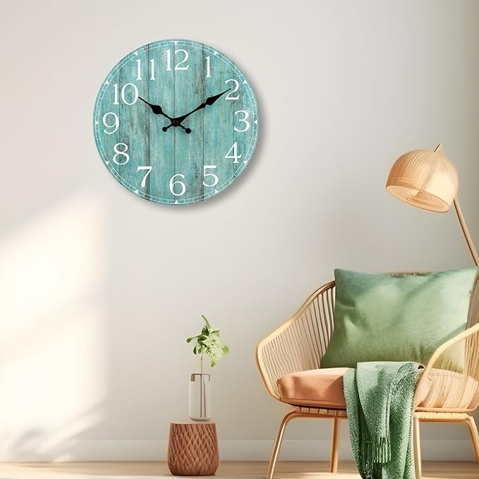 HYLANDA Wall Clock, 10 Inch Teal Silent Non-Ticking Kitchen Decor, Rustic Vintage Country Retro Decorative Clocks Battery Operated for Bathroom Bedroom Living Room Office(Aqua)