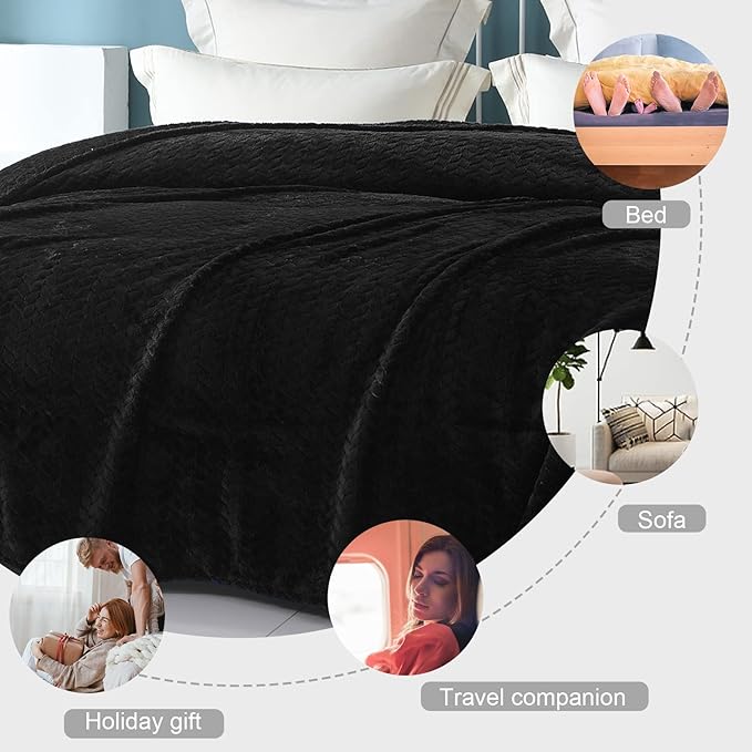 Exclusivo Mezcla Black Fleece Throw Blanket for Couch and Bed, 50x70 Inches Soft Cozy Jacquard Flannel Blankets, Lightweight Fuzzy Plush Warm Throws for All Seasons
