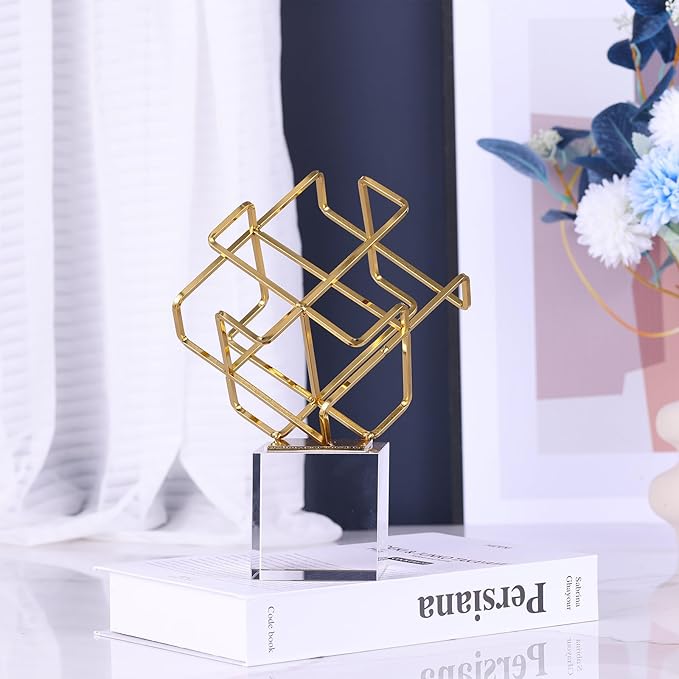 DOVDOV Gold Geometric Decoration, Metal Geometric Knot Statue with Crystal Base, Unique Home Decor for Room Office Display Shelf Entryway Model Home Decor