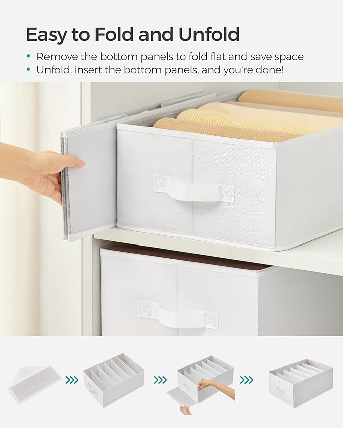 SONGMICS Set of 4 Large Size Wardrobe Clothes Organizers, 6-Compartment Foldable Drawer Organizers with Handles, 16.5 x 11.8 x 6.7 Inches, for Pants, Sweaters, Jeans, Cloud White URUS009W04