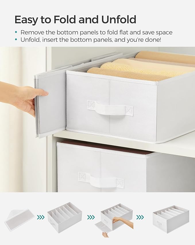 SONGMICS Set of 2 Large Size Wardrobe Clothes Organizers, 6-Compartment Foldable Drawer Organizers with Handles, 16.5 x 11.8 x 6.7 Inches, for Pants, Sweaters, Jeans, Cloud White URUS009W02
