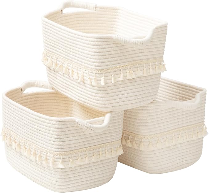 TeoKJ White Cotton Ropen Baskets for Storage, Set of 3 Woven Clothes Basket for Organizing and Storage, Blanket Basket for Living Room Laundry Bathroom Shelves
