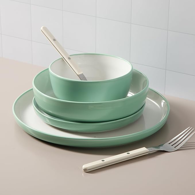 Sur La Table Kitchen Essentials 16 Piece Two-Tone Porcelain Chip and Scratch Resistant Dinnerware Plates and Bowls Set - Green/White