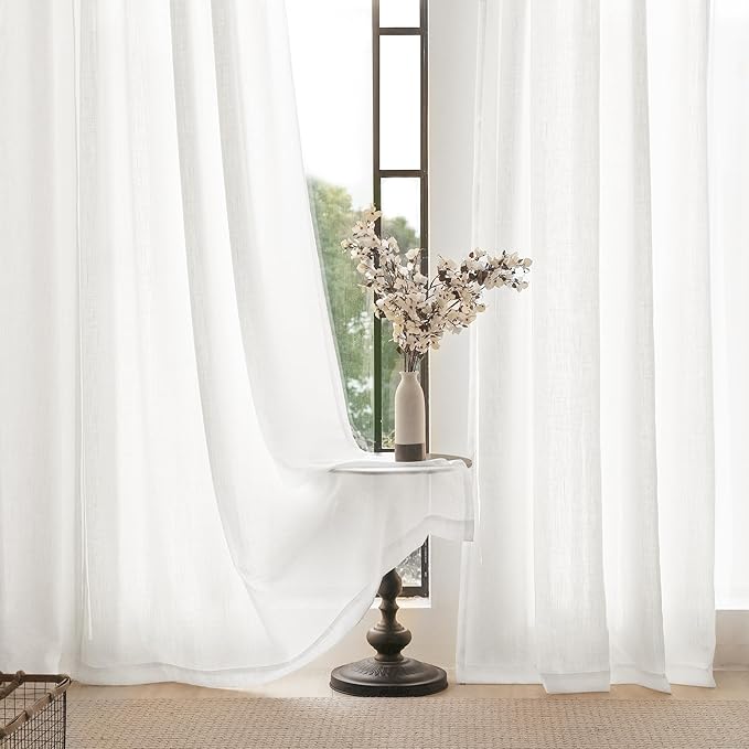 Linen White Curtains 86 inches Long for Bedroom Loop Pocket Privacy Light Filtering Semi Sheer White Boho Farmhouse Curtain Drapes Cotton Textured Modern Elegant Coastal Living Room Decor Pure White