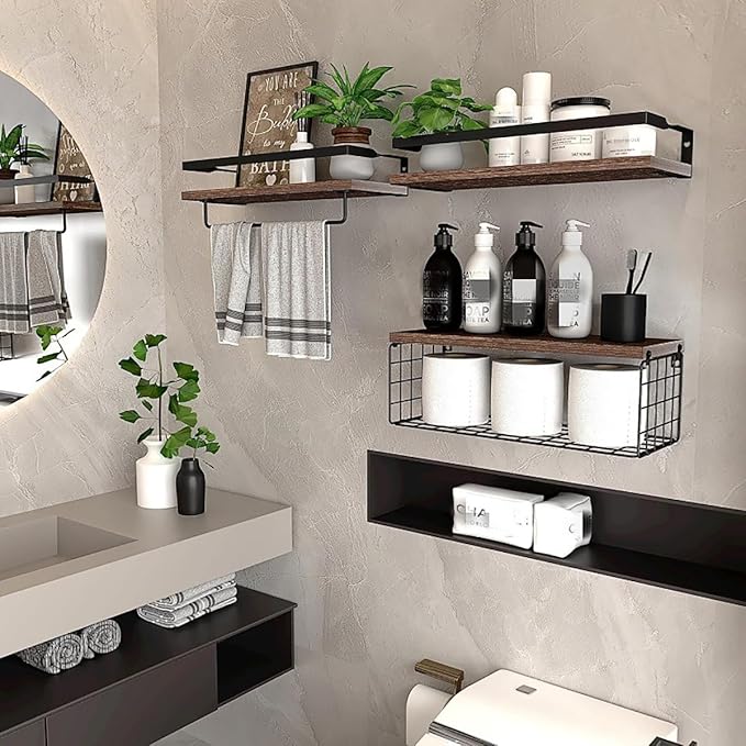 Towel Racks for Bathroom Wall Mounted,3PCS Floating Shelves with Storage Basket, Bathroom Organizers, Wall Mounted Rustic Wood Shelves for Bedroom, Living Room, Kitchen(Dark Brown)