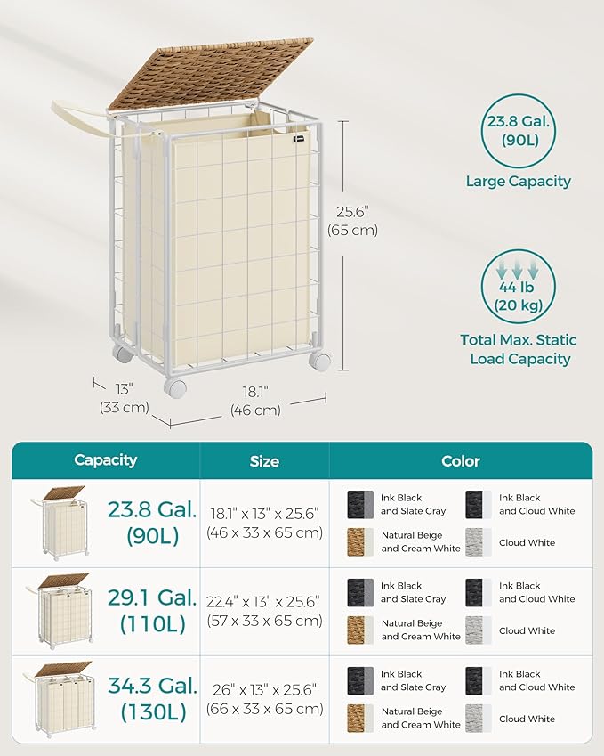 SONGMICS Laundry Hamper, 90L Laundry Basket with Lid, Clothes Hamper with Wheels, Collapsible Removable Liner Bag, Iron-Made Laundry Sorter, Natural Beige and Cream White ULCB290N01