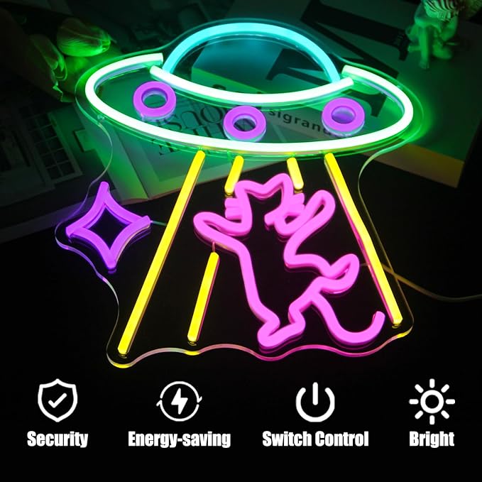UFO Cat Neon Sign Fun Alien Neon Light Spacecraft LED Sign Adorable Pink Cat Neon Lights Signs for Bedroom Game Room Man Cave Bar Party Decoration Gifts for Kids Wall Art