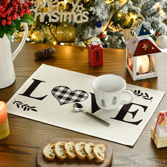 Artoid Mode Love Family Together Home Buffalo Plaid Placemats Set of 6,12x18 Inch Seasonal Table Mats for Party Kitchen Dining Decoration