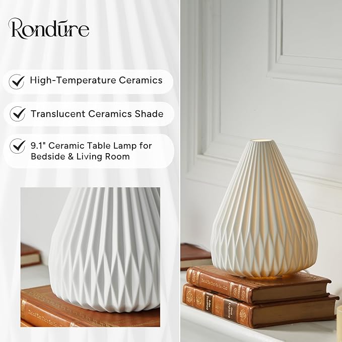 RONDURE 9.1" Modern Table Lamp, Modern Bedside Lamps for Bedroom, Living Room and Nightstand, White Translucent Ceramic Shade, Warm Ambient Lighting, Home Decor