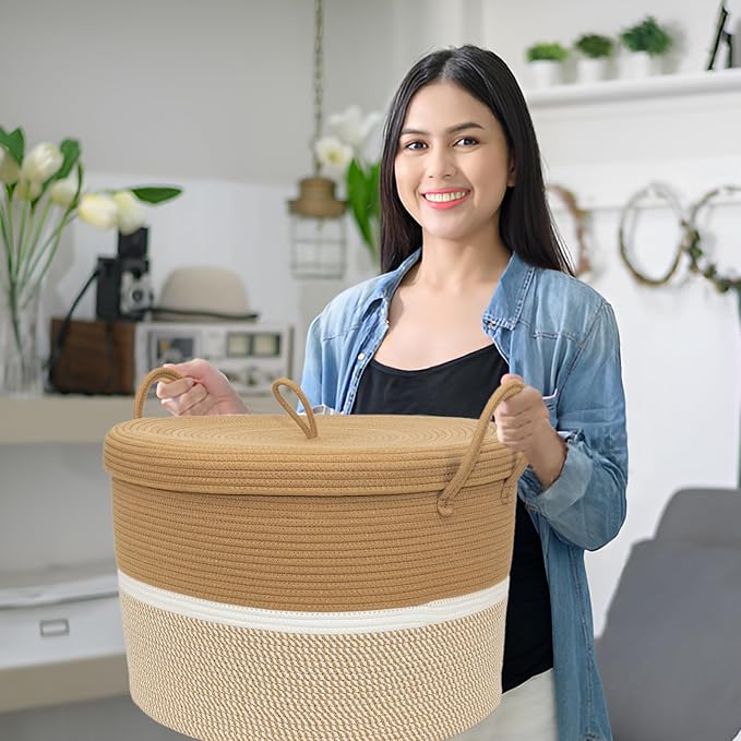 Laundry Basket with Lid, Woven Cotton Rope Laundry Hamper Foldable Storage Organizer Bin Blanket Basket for Comforter, Cushions, Clothes, Pillows, 20.5x20.5x15 Inch, Camel/White