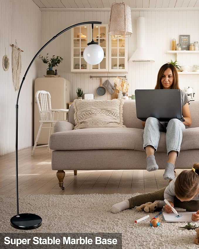 Lightdot Black Arc Floor Lamp for Living Room, 76Inch Tall Standing Lamp with Marble Base and Globe Bulbs Included, 3000K Warmwhite Modern Mid Century Floor Lamp for Bedroom & Home Office