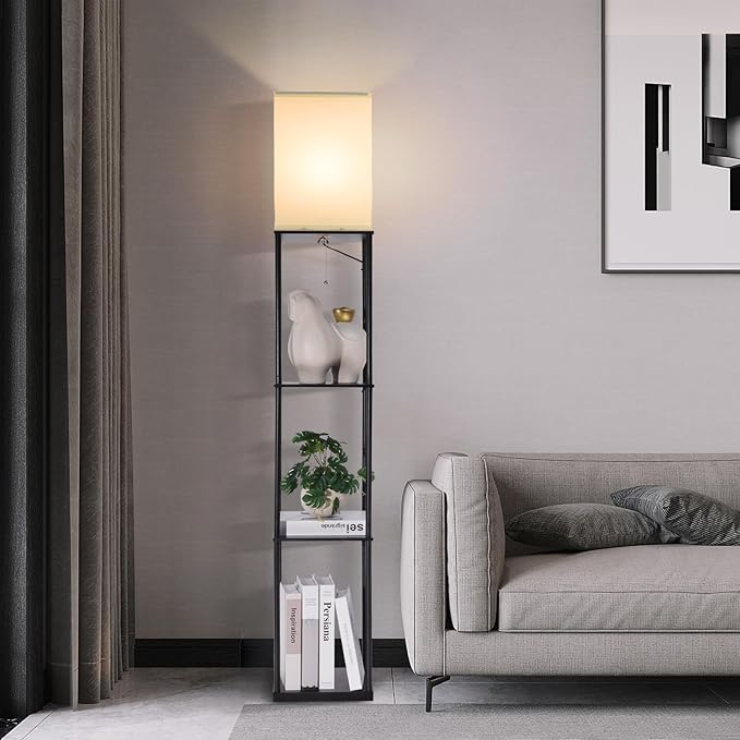 Floor Lamp with Shelves, with Modern Square Standing Lamp with Smart APP Control RGB Bulb, Corner Display Bookshelf Lamp for Living Room, Bedroom and Office (black-9RGB)