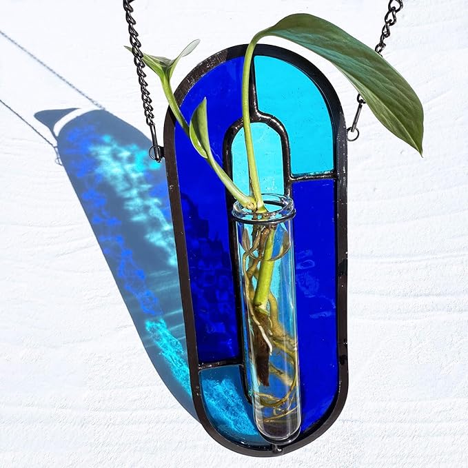 LITMIND Transparent Blue Stained Glass Propagation Station - Handcrafted Suncatcher Hanging Planter with 2 Glass Tubes, Multi-Color Hydroponic Wall Décor for Windows, Home & Garden