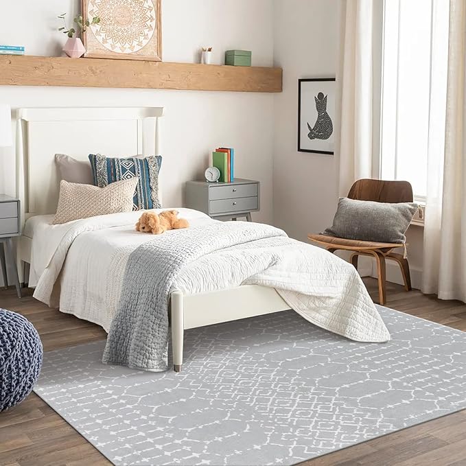 Lahome Moroccan Washable Living Room Area Rug - 3x5 Small Rugs for Bedroom Throw Non-Slip Low-Pile Entryway Rug Kitchen Rugs Soft Grey Distressed Capet for Office Bathroom Laundry Room Dining Room
