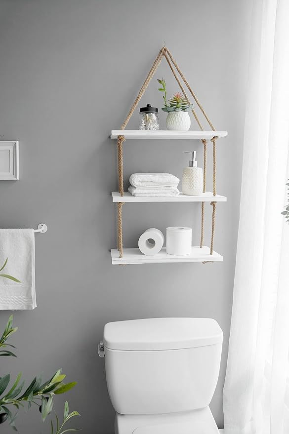 Mkono Hanging Shelves 3 Tier White Wood Wall Mount Floating Shelf with Rope Boho Decor for Living Room Bathroom Bedroom Kitchen Apartment - Rustic Wood Decorative Storage Shelf