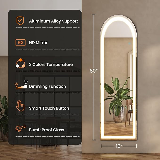 Arched Full Length Mirror with LED Lights, 60"x16" LED Floor Mirror with Stand, Body Floor Mirrors with Dimming & 3 Color Lighting, Wall Mounted LED Mirrors for Bedroom, Dressing Room, Cloakroom