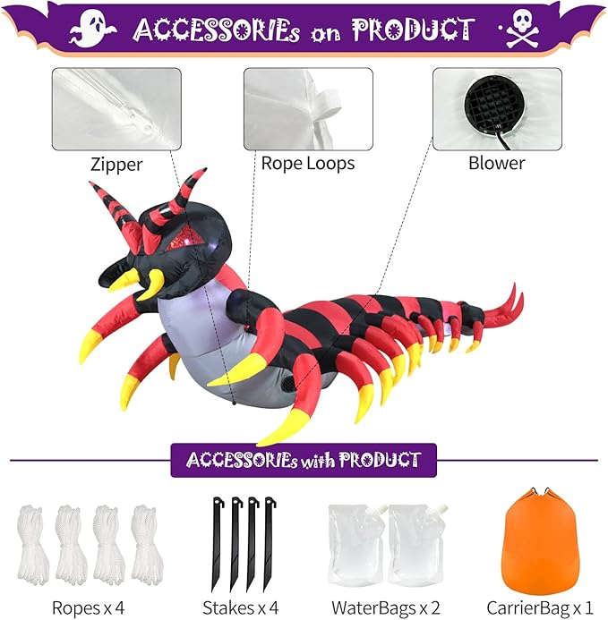 DomKom Halloween Inflatable Decorations, 8FT Centipede Outdoor Holiday Decor Blow Up Halloween Yard Decor, LED Lights Inflatables Outdoor Garden Lawn Halloween Decor