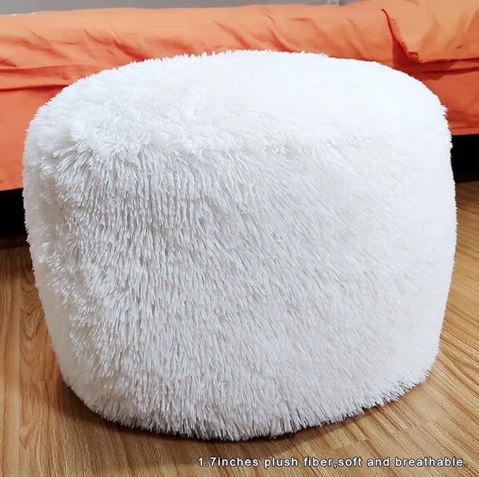 Asuprui Ottoman Pouf Unstuffed Ottoman Foot Rest 20x12 Inches Floor Pouf Round Floor Bean Bag Chair No Filler Foot Rest with Storage for Living Room Bedroom Office White Cover ONLY