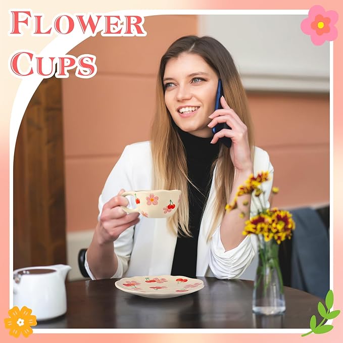 Cappuccino Cup with Saucers Set of 2 Ceramics Coffee Mugs 8 oz Latte Art Cup Vintage Aesthetic Flower Barista Cups for Americano, Tea, Espresso,Mocha, Milk - Microwave and Dishwasher Safe