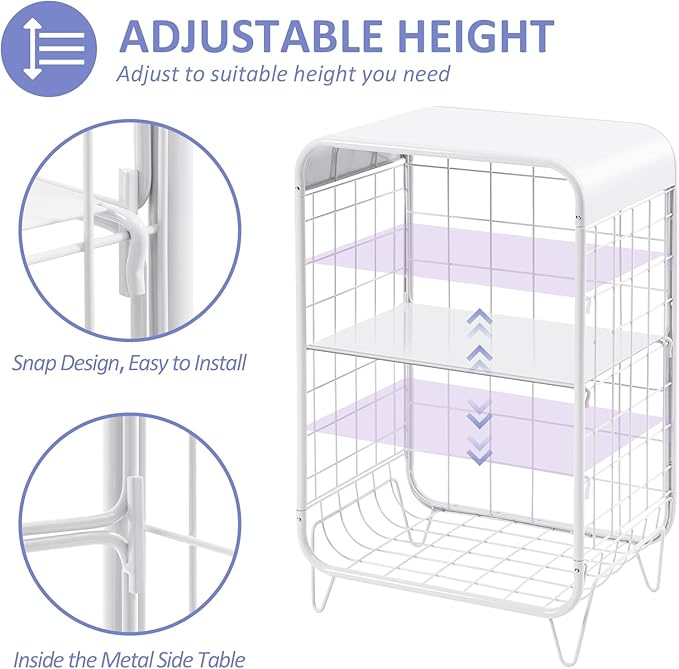 APEXCHASER Cute Nightstand,Metal Side Table,3 Tier End Table with Storage,Vintage Bedside Table,Girls Bedroom Furniture,Coffee Table for Living Room,Bedroom,Dorm,White