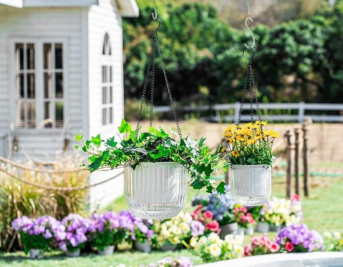 Melphoe 2 Pack Self Watering Hanging Planters Indoor Flower Pots, 5.3/8.3 Inch Outdoor Hanging Basket, Plant Hanger with 3Hooks Drainage Holes for Garden Home (White)