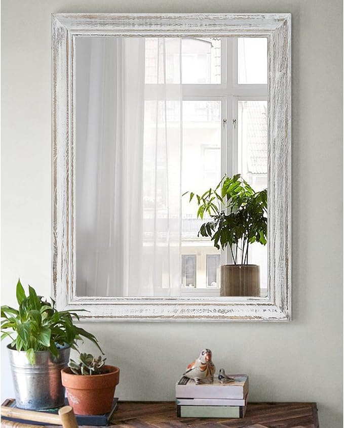 Wall Mirror with Rustic Wood Frame Rectangle Hanging Mirrors for Wall Large Decorative for Bathroom Bedroom Farmhouse Living Room Entryway 20"x16"