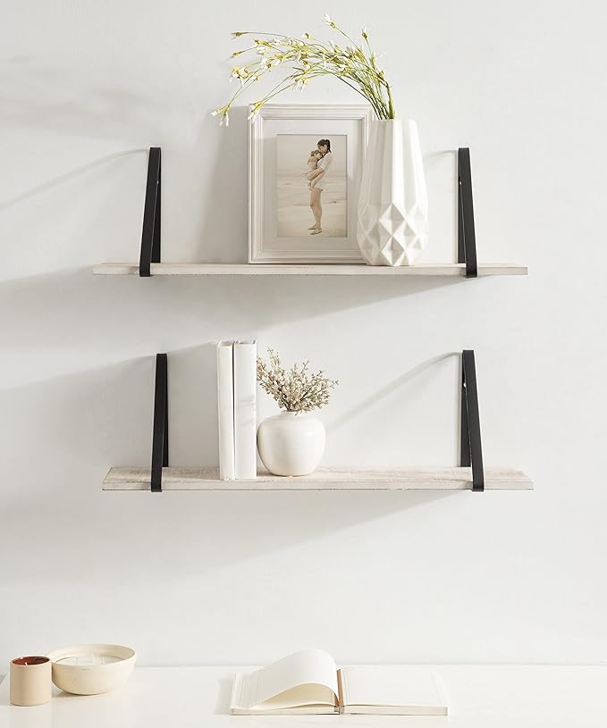 Kate and Laurel Soloman White Wooden Shelves with Black Metal Brackets, 2 Piece Set
