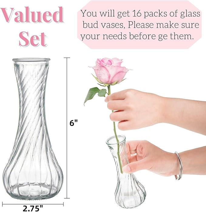 16 Pack Glass Bud Vase, Clear Small Flower Vases in Bulk, Vintage Glass Vases for Centerpieces, Mini Vase Floral Bottle for Rustic Wedding Home Table Decor, Floral Party Arrangements