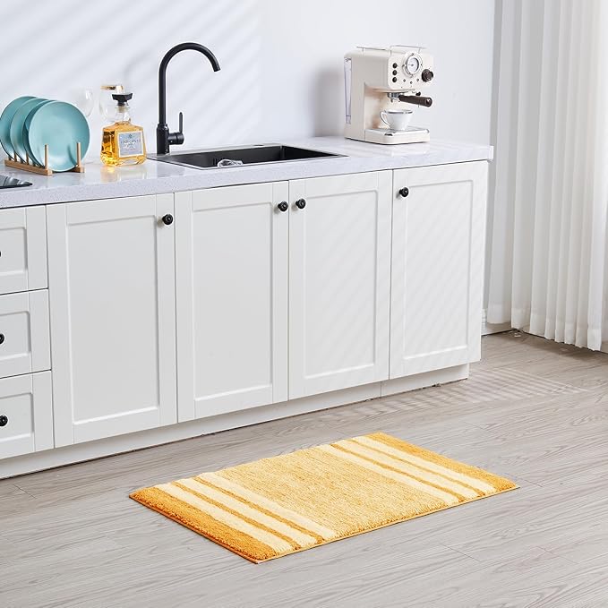 CozeCube Yellow Striped Bath mats for Bathroom Non Slip, Fluffy Absorbent Microfiber Bath mat Washable, Aesthetic Bathroom Rugs, Cute Bath mat for Sink, 20" x 32"