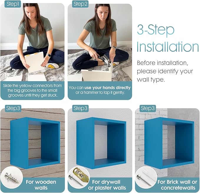Kaboon Cube Floating Shelves Set2, Display Shelves Wall Mount 7.75" D x 12.5" W x 12.5" H, (Cyan, Square 2 Cubes)