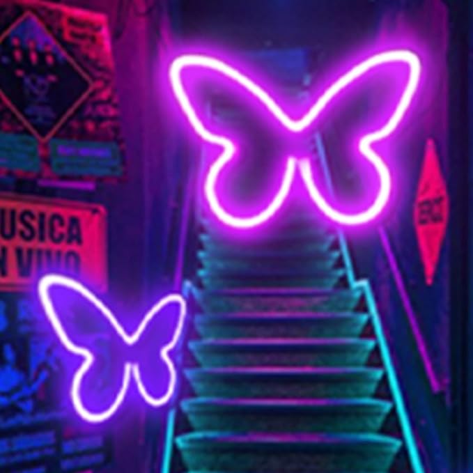 Butterfly Neon Sign, 2 Pack Led Neon Light USB/Battery Operated Wall Decor for Party, Birthday, Wedding, Holiday, Christmas, Living Room, Bar, Bedroom, Indoor, Valentine Gifts (Pink Purple)