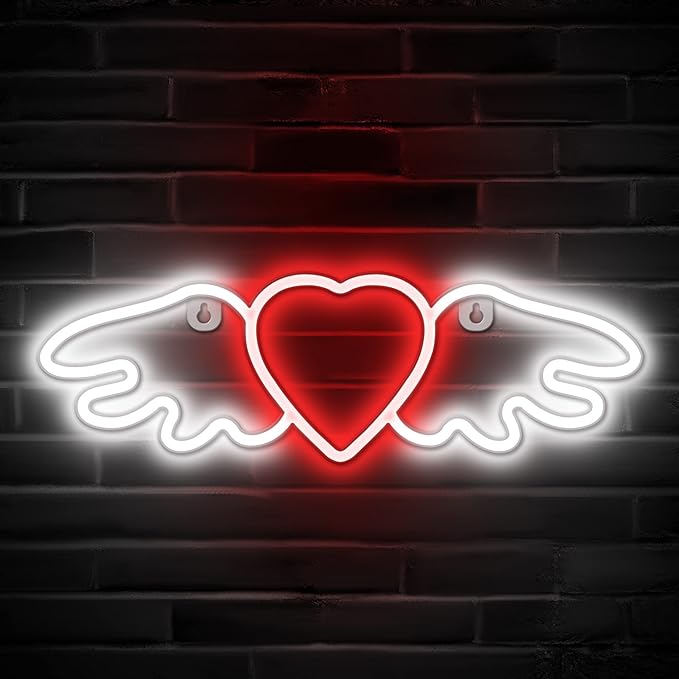 Lumoonosity Heart Angel Wings Neon Sign - Neon Angel Wings & Heart LED Sign for Teens/Kids/Girls Room Wall Decor - USB Powered with On/Off Switch - 14 x 4.5-inch