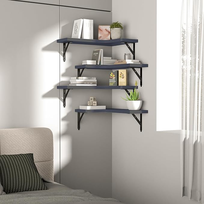 Corner Floating Shelves Wall Mounted Set of 4, Rustic Wood Storage Display Wall Shelves for Home Decor, Bathroom, Kitchen, Bedroom, Living Room, Office (Grey)