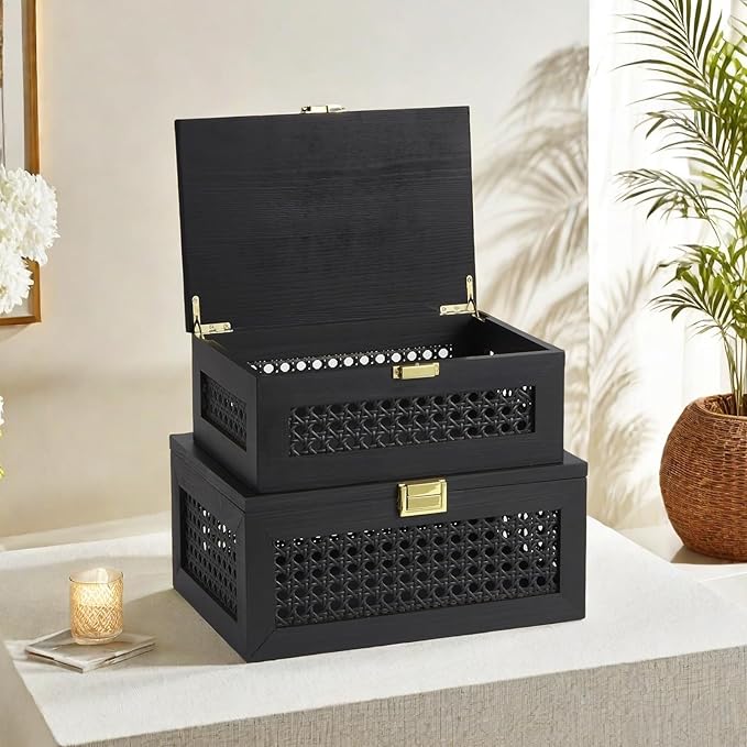 2PCS Decorative Rattan Storage Boxes Solid Wood Baskets Bins with Lid Keepsake Memory Jewelry Box Natural Boho Shelf Wicker Closet Desk Organizer Container (Black, 1 Large 1 Small)