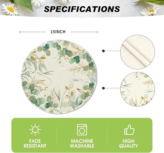 Artoid Mode Eucalyptus Summer Round Placemats Set of 4, 15 Inch Summer Round Table Mats for Dining Decoration