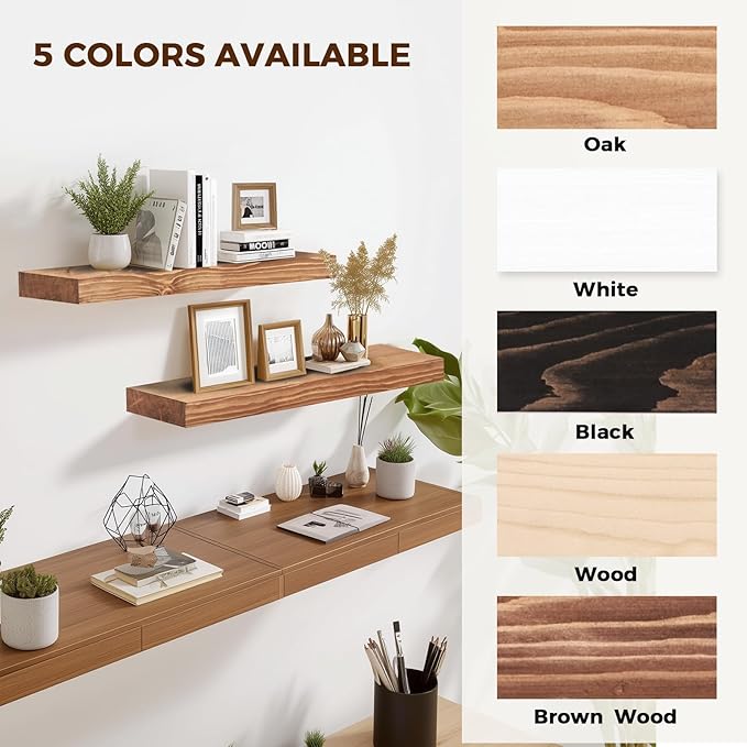 24x8x1.6 inch Floating Shelves Set of 2 – Solid Wood Rustic Oak Wall Mounted Shelf for Kitchen, Bathroom, Living Room