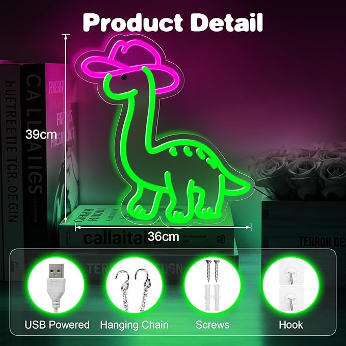 Cowgirl Dinosaur Neon Sign for Wall Decor,Dimmable Cute Dinosaur with Cowboy Hat Neon Light,Green Animal Light Up Signs for Kids Bedroom Dinosuar Theme Party Background Decoration