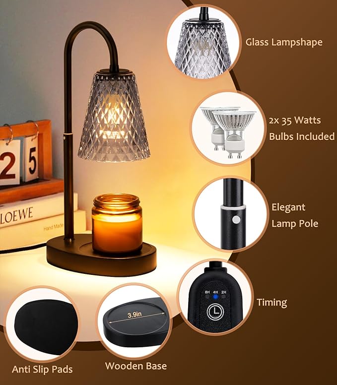 Candle Warmer Lamp Electric with Timer Candle Burner Lamp Shade Top Flameless Jar Height Adjustable